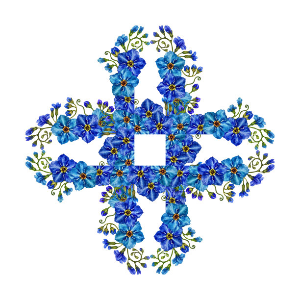 花十字手绘水彩蓝色勿忘我花与绿色的树枝和草的婚礼花束，母亲节，父亲节，情人节，生日，春夏邀请，花卉标签。图片下载