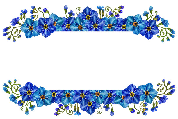矩形手绘水彩蓝色勿忘我带绿色树枝和草的花束，母亲节，父亲节，情人节，生日，春夏邀请，花卉标签。图片下载