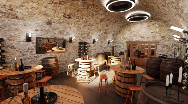 逼真的3D渲染酒庄餐厅图片下载