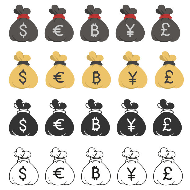 带有不同货币符号的钱袋 - 矢量图标集合，美元、欧元、英镑、日元、比特币符号图片下载