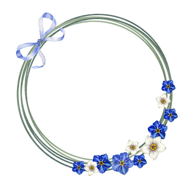 圆形框架手绘水彩白色和蓝色勿忘我与绿色的树枝和草的婚礼花束，母亲节，父亲节，情人节，生日，春夏邀请，花卉标签。图片下载