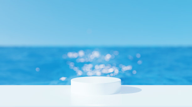 3 d演示。白色的柱基础上蓝色的大海背景。(水平)图片下载