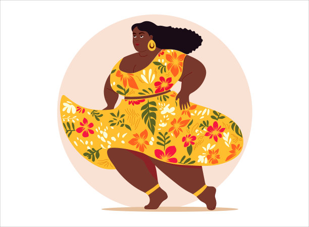 拉丁女人，曲线优美，穿着花裙跳舞。图片下载