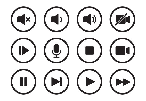 音频、视频、音乐播放器按钮图标。声音控制，播放，暂停按钮固体图标集。摄像头，媒体控制，麦克风接口象形图。向量图片下载