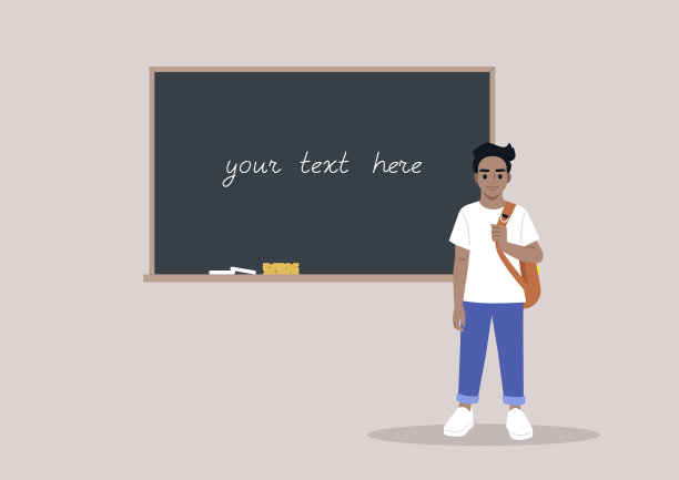 一个小学生的全身肖像，在一条带子上背着一个背包，背景是一块黑板，黑板上有一个抄写空间图片下载