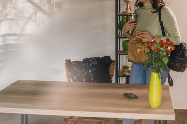 一名年轻女子在家里收拾好午餐准备去上班图片下载