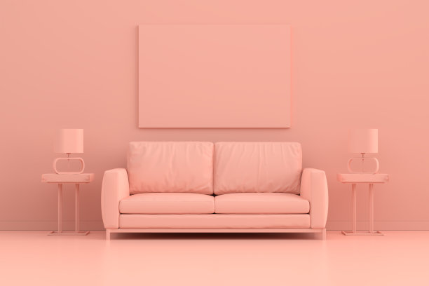 用沙发、落地灯和装饰植物在粉红色的墙壁背景上模拟空的或空白的海报框架。粉色室内空间3D渲染。图片下载