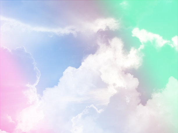 美丽甜美柔和的粉色、绿色和蓝色，天空上有毛茸茸的云。多色彩虹图像。抽象幻想生长之光图片下载