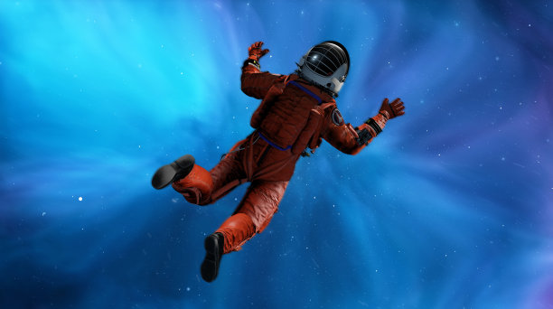 宇航员在太空中的飞行。宇宙失重，万有引力，人类坠入行星的银河深渊。零重力下的宇航员，恒星和星云。三维渲染图片下载