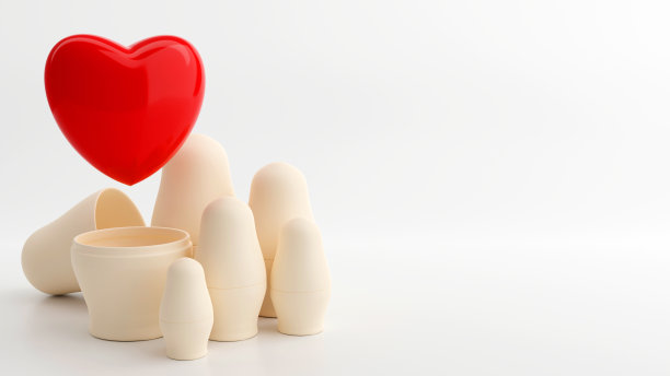 俄罗斯套娃的三维渲染与红心内白底，符号和符号的概念图片下载