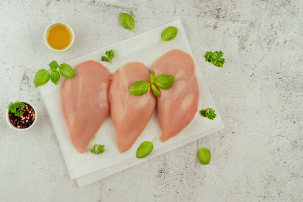 生鸡肉片。副本的空间。零售食品。有机食品，健康饮食。食品的概念。前视图。鸡胸片。关闭了。生鸡肉。图片下载
