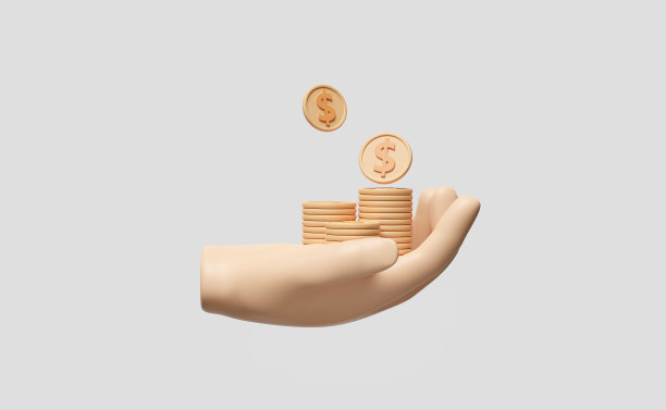 3d卡通手拿硬币堆栈孤立的白色背景。快速信贷审批或贷款审批，节省资金，最小的概念，3d渲染插图图片下载