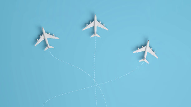 飞机旅行到不同的目的地在蓝色背景和路线。图片下载