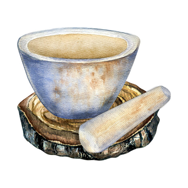 木架上的石臼和杵水彩插图孤立在白色上。碗，厨房用具为草药和香料手绘。设计元素的标签，包装，草药收集图片下载