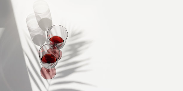 极简的夏日平躺着红酒酒杯，阳光的阴影，棕榈叶的阴影上的白色，横幅，两个酒杯，酒精饮料照片假期，聚会，活动，放松的概念图片下载