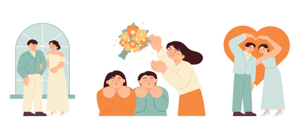 结婚的那一天。新郎和新娘深情地站着。朋友们收到花束。图片下载