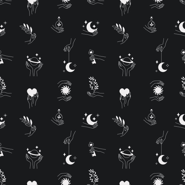 女人的手握着月亮和星星的无缝图案，神奇的神秘符号。图片下载