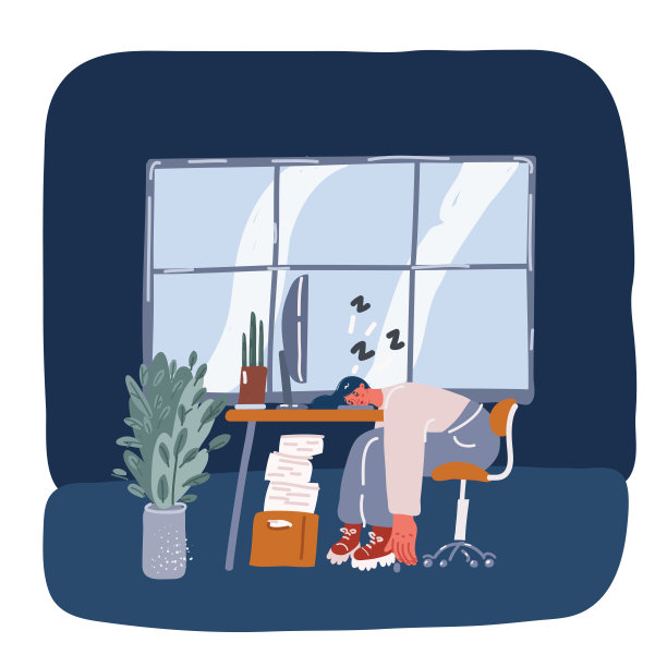 睡觉的女商人在工作的卡通矢量插图。疲倦的女人在办公室睡觉图片下载