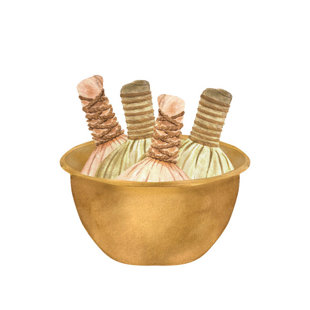 手绘水彩插图金属碗由黄铜与按摩草药球。这是一个阿育吠陀油按摩项目。这个插图可以用作设计明信片，宣传册，网页设计和剪贴簿的一部分。隔离在白垩上图片下载