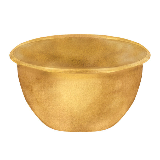 手绘水彩插图金属碗由黄铜制成。这是一款用于按摩阿育吠陀油的项目，可以作为按摩碗的草药球。这个插图可以用作设计明信片，宣传册，网页设计和剪贴簿的一部分图片下载