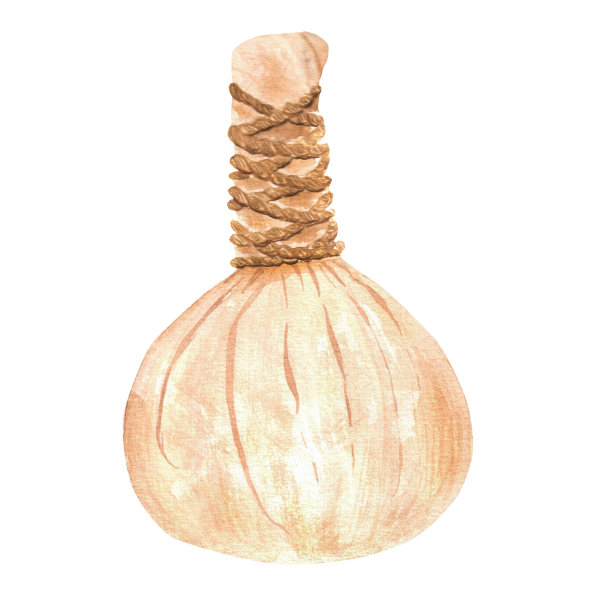 手绘水彩草药按摩球插图。阿育吠陀和水疗程序的项目。这个插图可以用作设计明信片，宣传册，网页设计和剪贴簿的一部分。孤立在白色上。图片下载