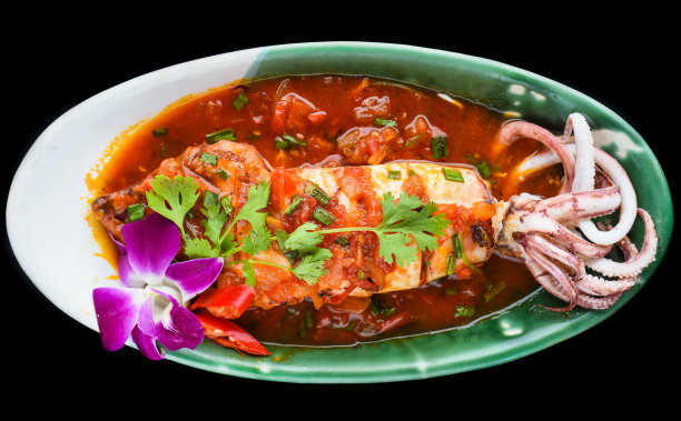 菜单上黑底红酱炒鱿鱼图片下载