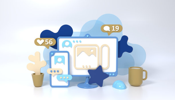 社交媒体3d风格的概念插图与智能手机，电脑，杯子和花。社交网络让人交流。喜欢，评论和关注图标。图片下载
