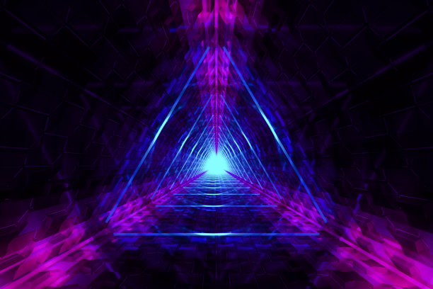 抽象模糊的背景与霓虹灯三角形灯。图片下载