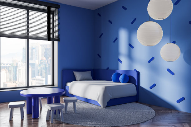 蓝色的儿童卧室角落有床和桌子图片下载