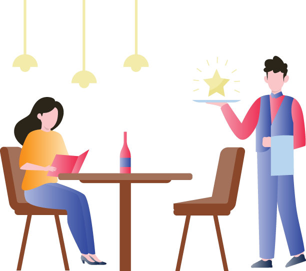 女孩正坐着看菜单，服务员从相反的方向走过来。图片下载