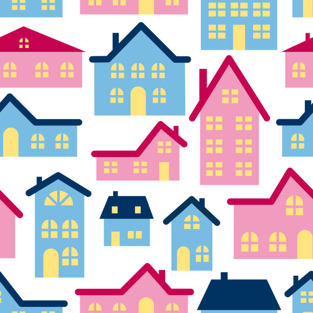 粉色和蓝色房子的图案。婴儿衣服或包装纸的图案。图片下载