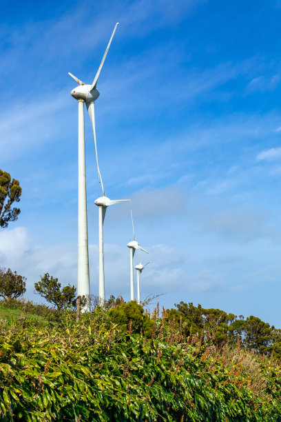 葡萄牙大西洋亚速尔群岛上美丽的绿色特塞拉岛上的风力涡轮机。图片下载