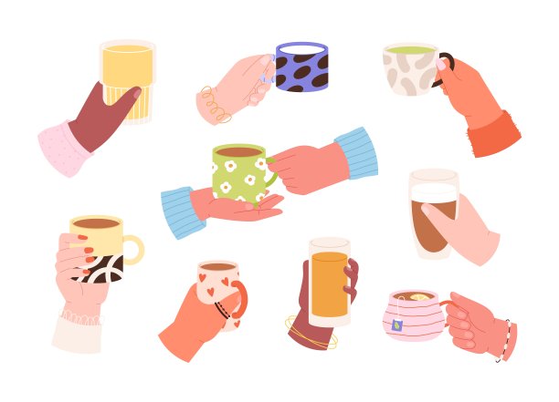 手捧咖啡，手捧饮料。朋友喝酒，用茶杯和果汁杯。早上和晚上的饮料，牛奶和可可，活泼的载体设置图片下载
