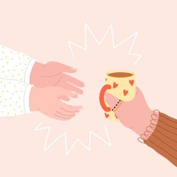 手拿咖啡，早餐能量饮料聊天。送茶或可可杯，温暖友谊或关系。女人持有色情马克矢量卡图片下载