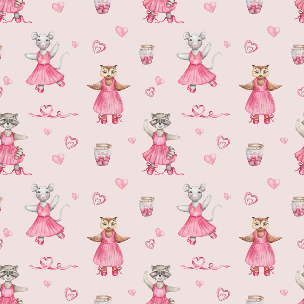 水彩无缝图案。手绘插图卡通浣熊，猫头鹰鸟，老鼠。舞蹈教室里穿着粉色裙子和芭蕾舞鞋的女孩。动物的性格。纺织品用米色背景印刷图片下载
