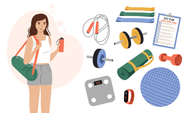 一套运动装备和运动服。矢量插图的运动装备，运动女孩。图片下载