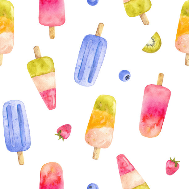 水彩图案冰淇淋棍棒与蓝莓，猕猴桃和草莓。用于包装纸、纺织品、墙纸、明信片、贺卡等图片下载