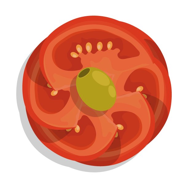 切碎的番茄片，用于装饰沙拉和肉类菜肴。圆形番茄蔬菜片。平面卡通矢量隔离在白色背景上图片下载