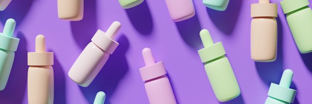 3d渲染的粉彩血清瓶在一个明亮的紫色背景模式图片下载