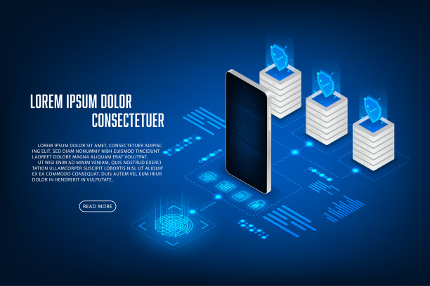 矢量等距安全服务器存储概念。技术指纹解锁手机。图片下载