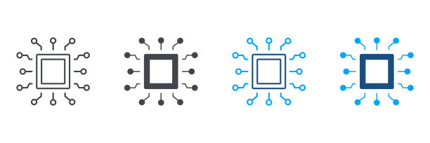 电子电路，中央处理机符号采集。微芯片板，数字技术，人工智能象形文字。CPU轮廓和线条图标集。孤立矢量图图片下载