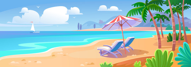 沙滩上带伞的躺椅。度假目的地图片下载