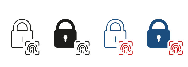 指纹标识象形锁。独特的拇指指纹，安全隐私符号集合。挂锁和指纹生物识别线和轮廓图标集。孤立矢量图图片下载