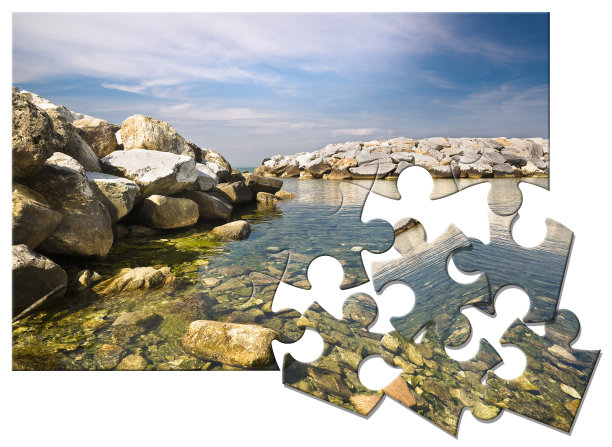 学会管理焦虑和压力，重建内心的宁静和宁静-以平静的海湾水拼图形状的概念图片下载