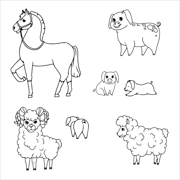 驴，马，美洲驼或羊驼，绵羊，奶牛，山羊和猪。一组动物。农场动物。牛育种矢量插图隔离在白色背景上。图片下载