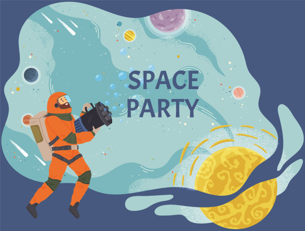 宇航员在行星和火箭之间飞行。那家伙打扮成太空人拿着肥皂泡机图片下载