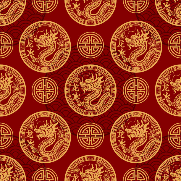 无缝图案快乐中国新年2024龙生肖与亚洲元素剪纸风格的彩色背景。(翻译:2024龙年新年快乐)图片下载