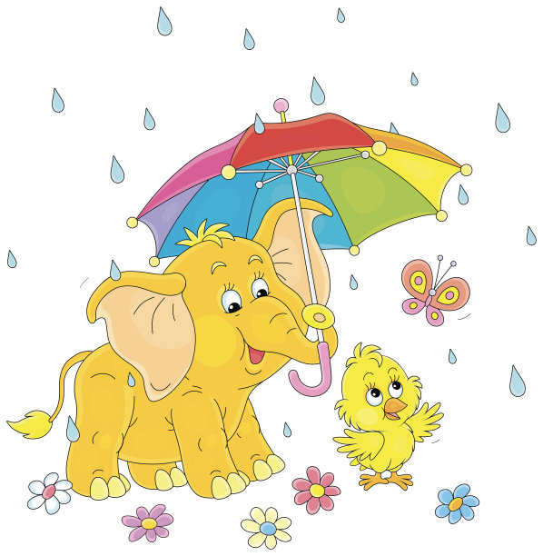 小象和小鸡在伞下图片下载