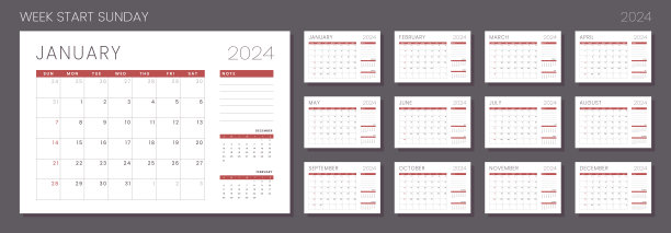 2024日历规划模板。矢量布局网格墙或书桌简单的日历与星期开始星期日。极简主义的企业日历设计印刷图片下载
