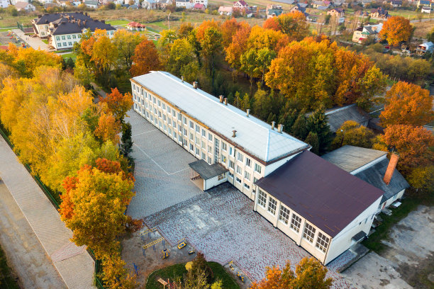 鸟瞰图，学校，学院或幼儿园建筑与大院子在秋天的树木在乡村景观背景图片下载